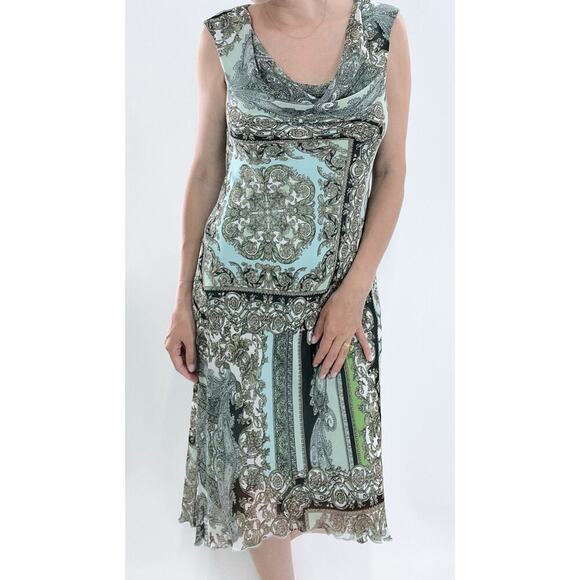 Vintage Y2K Connected Apparel Paisley Turquoise Midi Cowl Neck Dress Size 8 - Picture 2 of 5